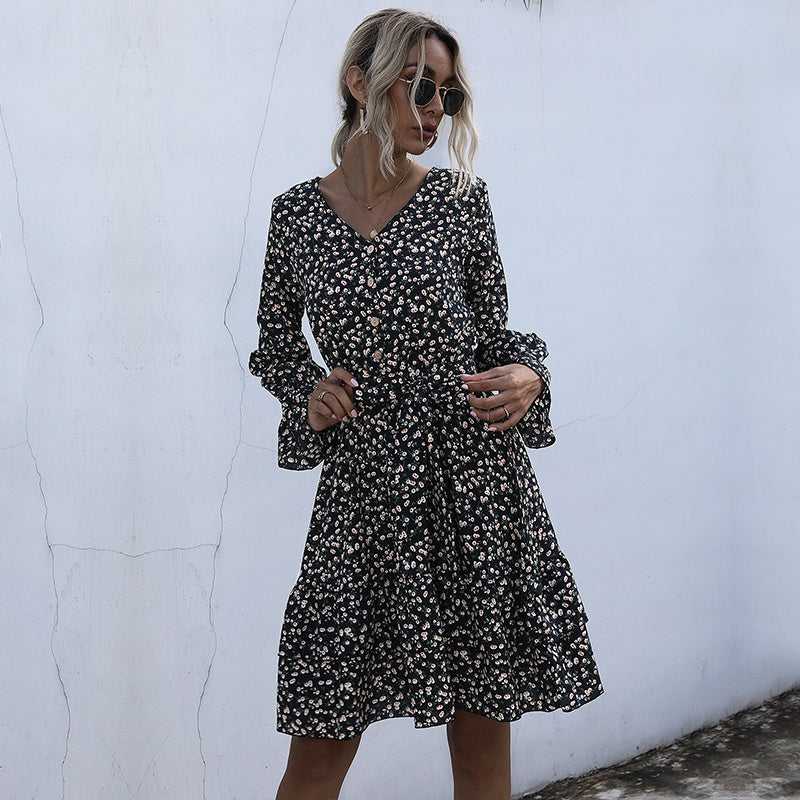 KittenAlarm - Long Sleeve Floral Chiffon Dress High Waist Black Pleated Dress Spring Autumn Fashion Dress