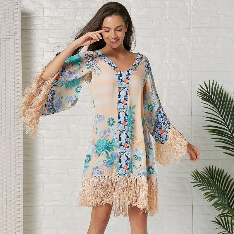 KittenAlarm - Long Sleeve Floral Print V Neck Tassel Bohemian Belt Waist Midi Dresses