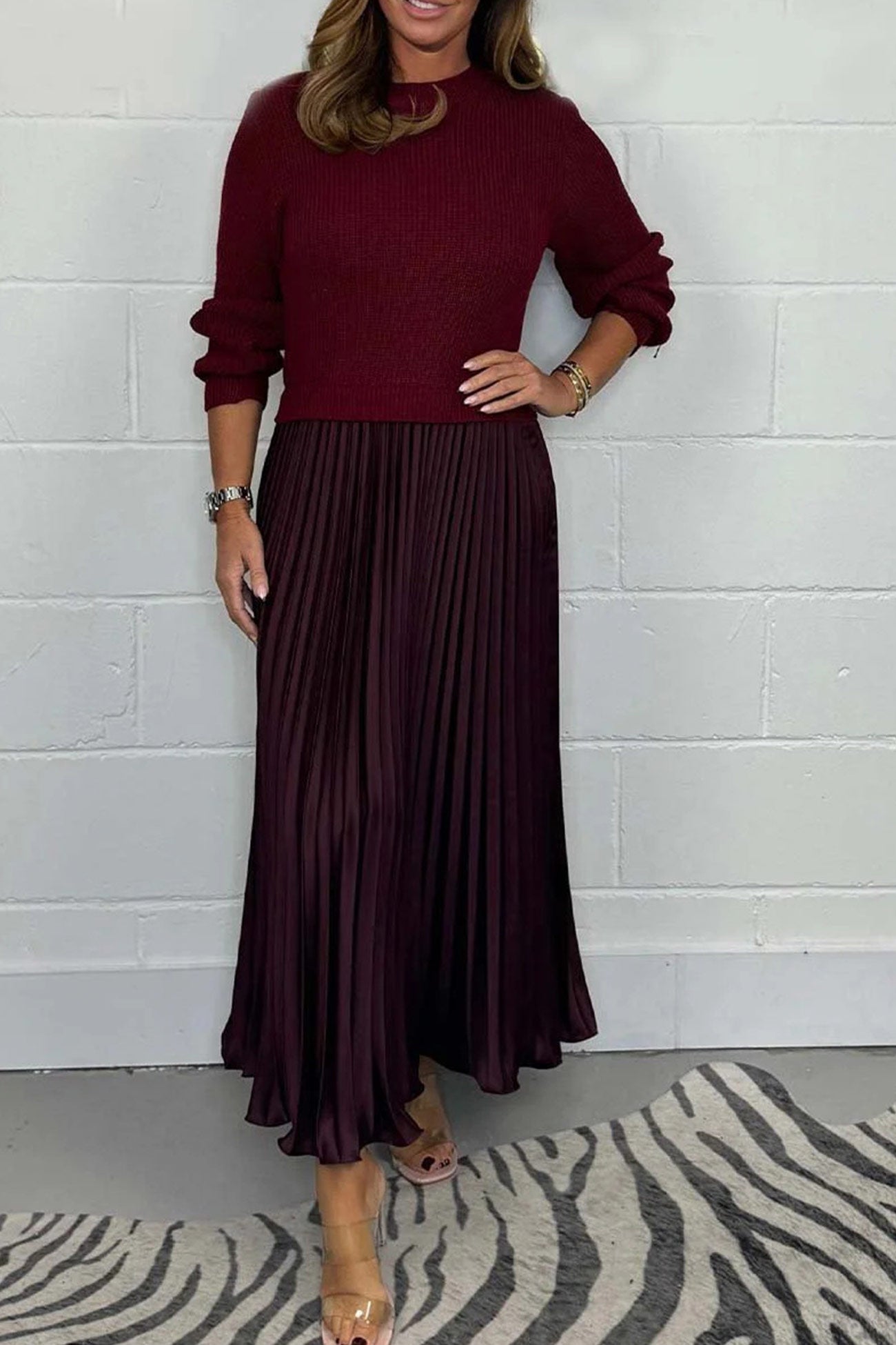 Long Sleeve Knit Patchwork Pleated Maxi Dress
