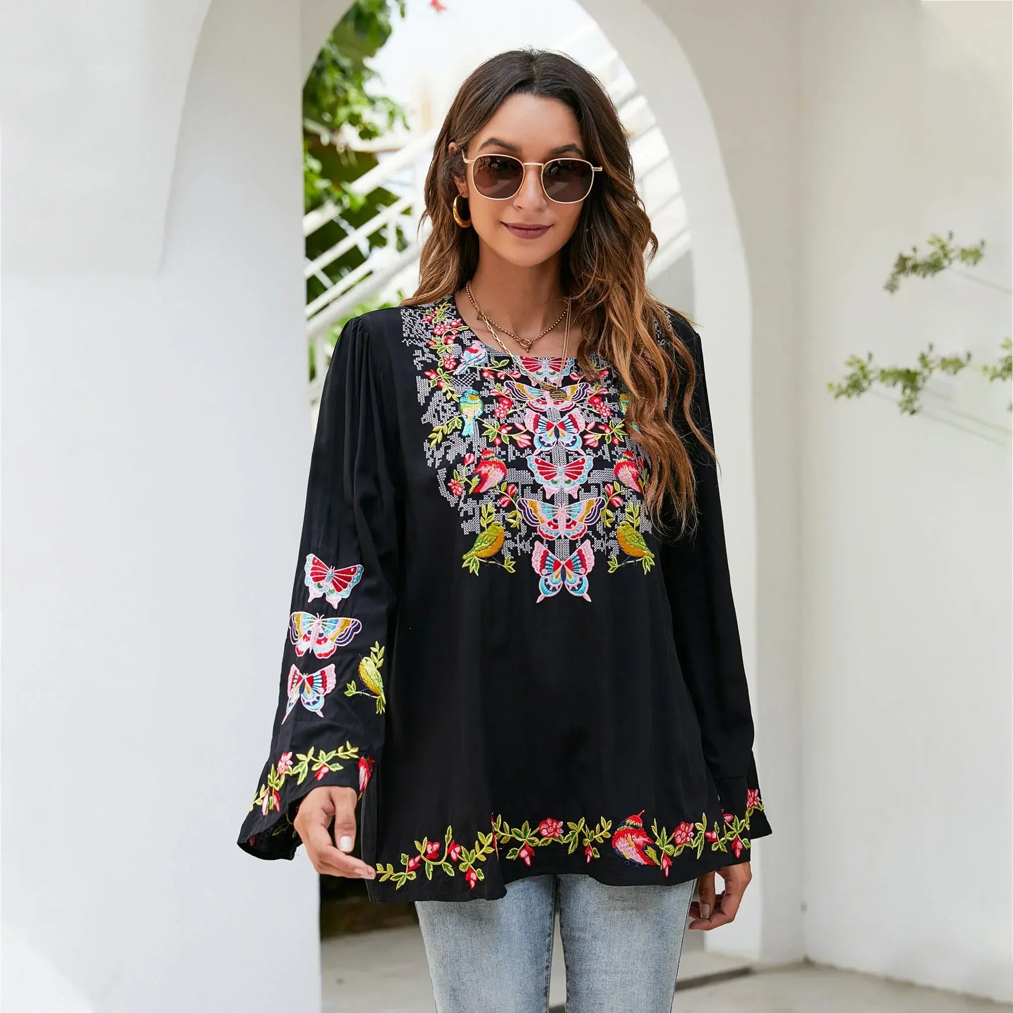 Oversize Floral Embroidery Loose Cotton Boho Blouse