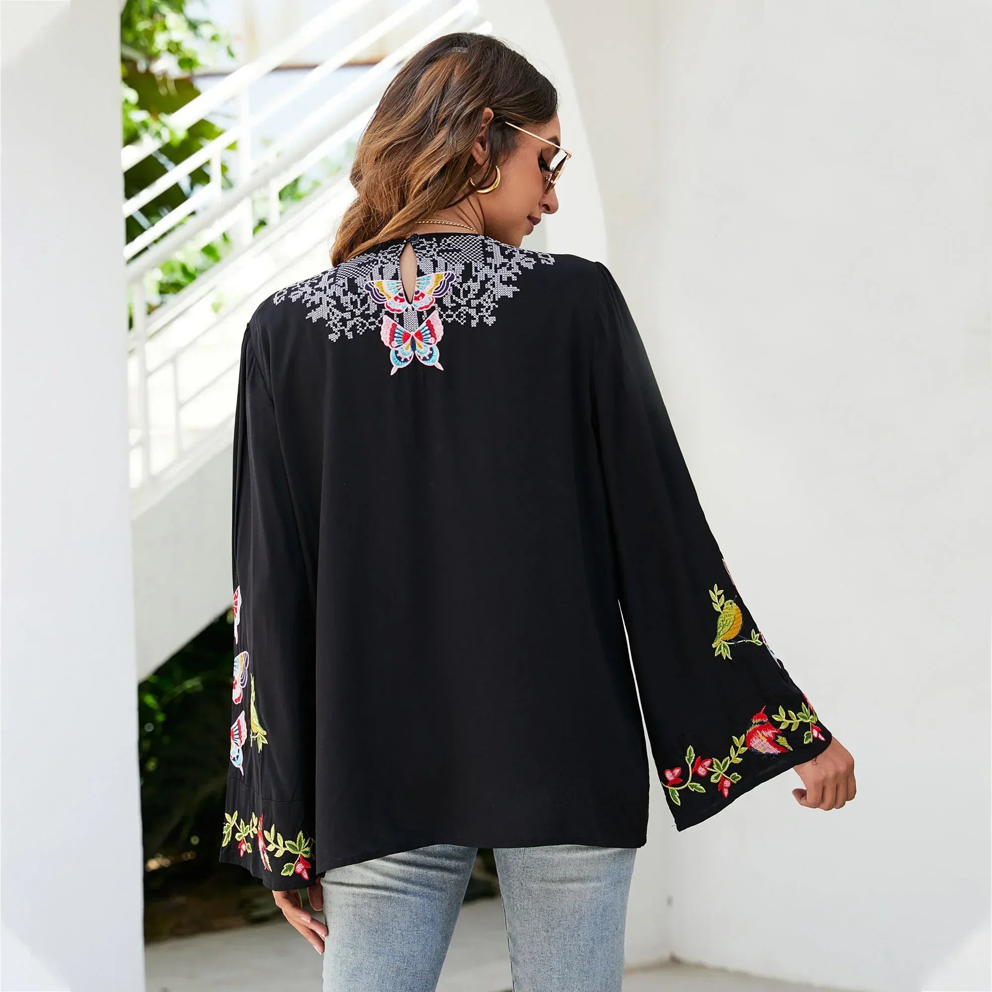 Oversize Floral Embroidery Loose Cotton Boho Blouse