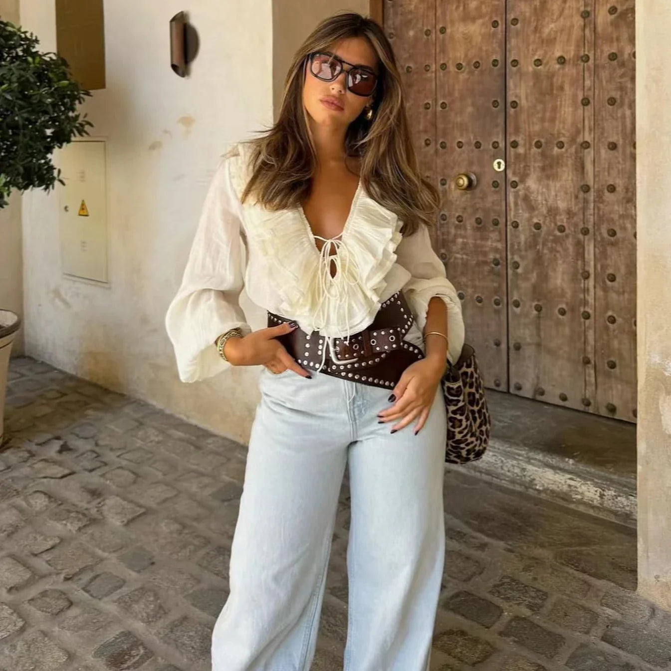 Ruffles Deep V-Neck Lace-Up Loose Oversize Boho Blouse