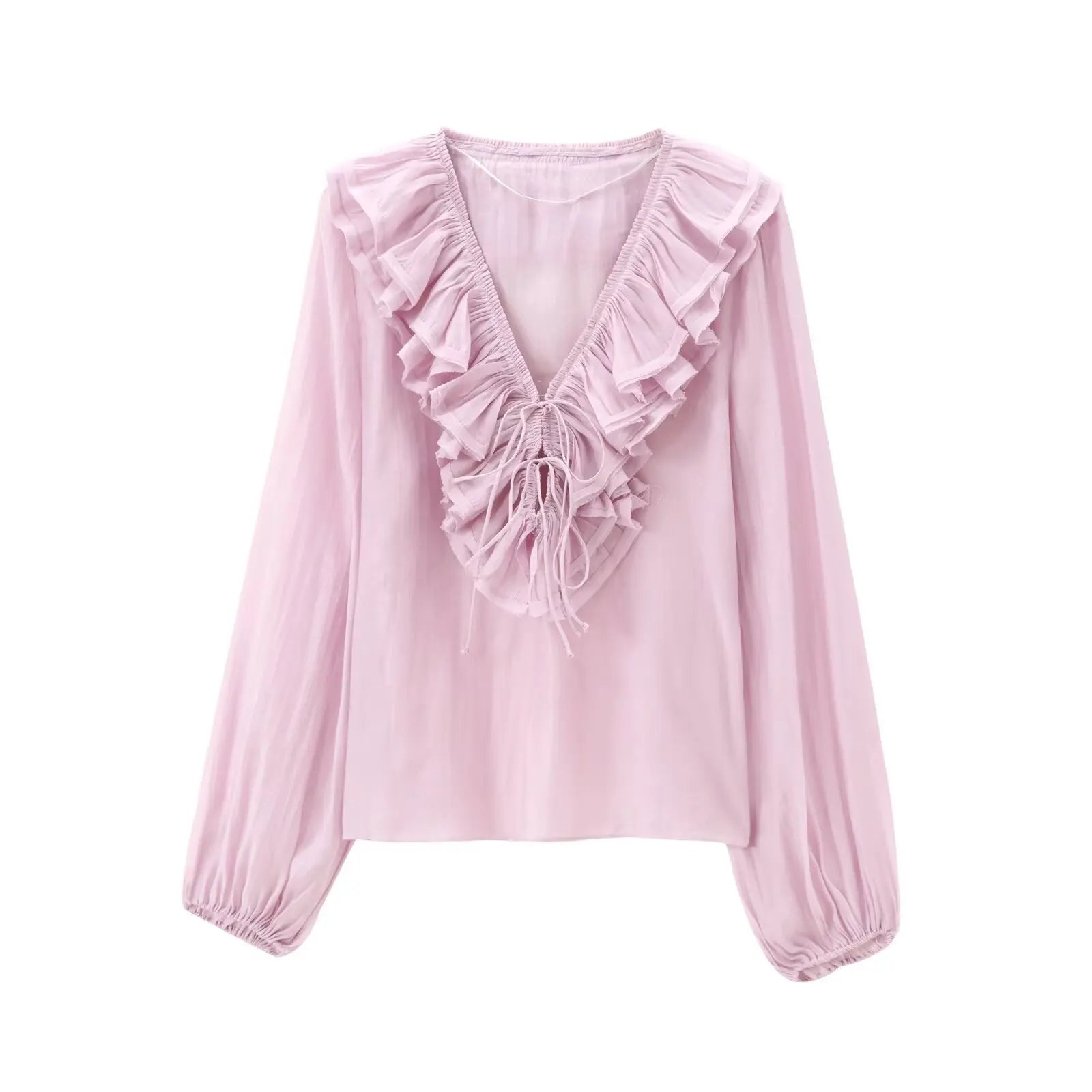 Ruffles Deep V-Neck Lace-Up Loose Oversize Boho Blouse