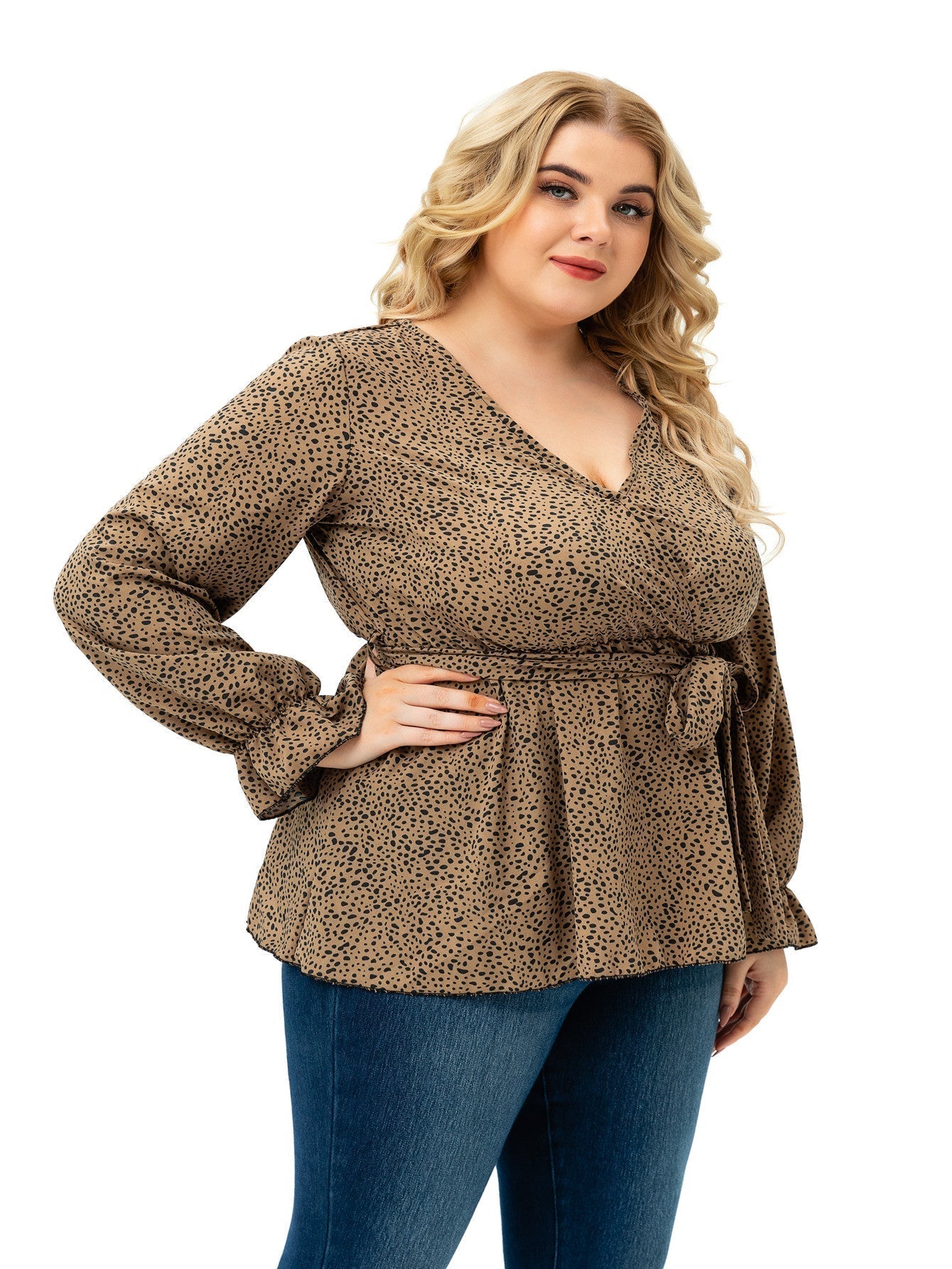 Long Sleeve V Neck Dots with Belt Plus Size Blouse Top - Fashionpara