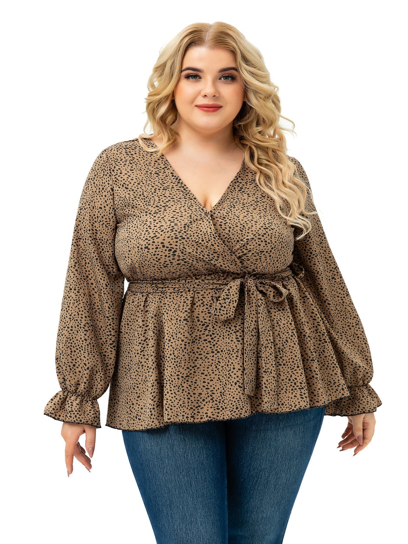 Long Sleeve V Neck Dots with Belt Plus Size Blouse Top - Fashionpara