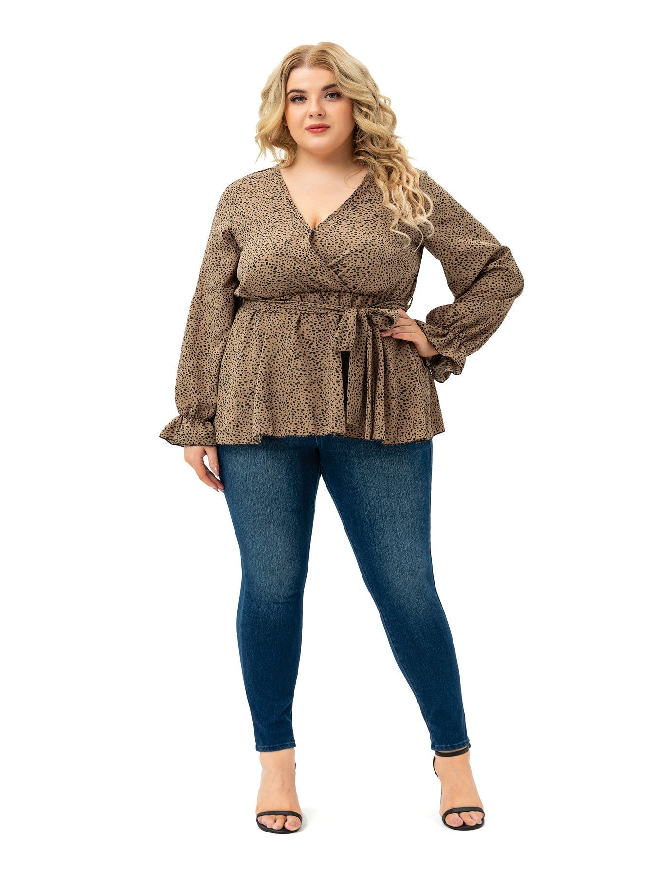 Long Sleeve V Neck Dots with Belt Plus Size Blouse Top - Fashionpara