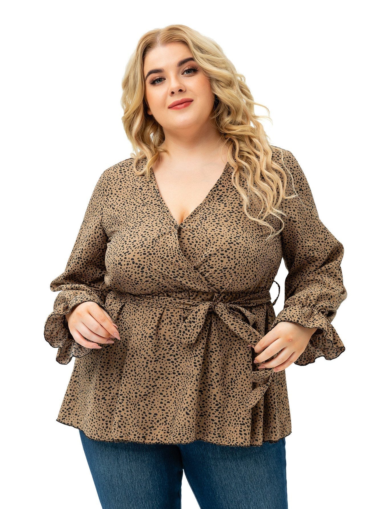 Long Sleeve V Neck Dots with Belt Plus Size Blouse Top - Fashionpara