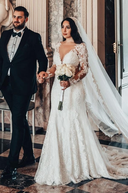 Charming A-Line Long Sleeve V-Neck Stain Wedding Dresses with Lace Ruffles - Fashionpara