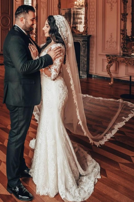 Charming A-Line Long Sleeve V-Neck Stain Wedding Dresses with Lace Ruffles - Fashionpara