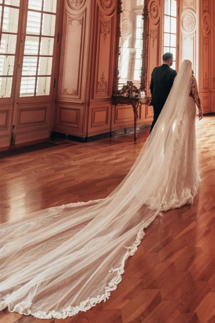 Charming A-Line Long Sleeve V-Neck Stain Wedding Dresses with Lace Ruffles - Fashionpara