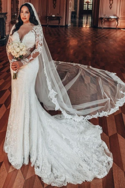 Charming A-Line Long Sleeve V-Neck Stain Wedding Dresses with Lace Ruffles - Fashionpara