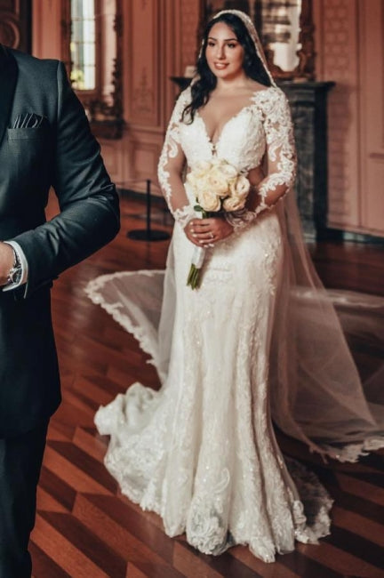 Charming A-Line Long Sleeve V-Neck Stain Wedding Dresses with Lace Ruffles - Fashionpara