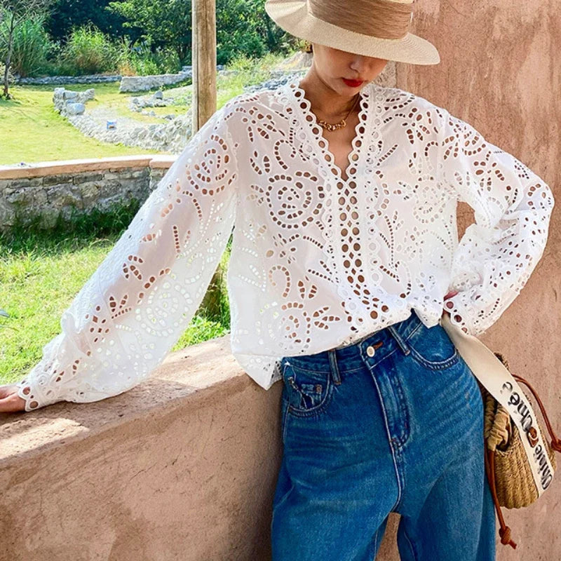 Long Sleeve V-Neck Hollow Out Floral Lace Boho Blouse