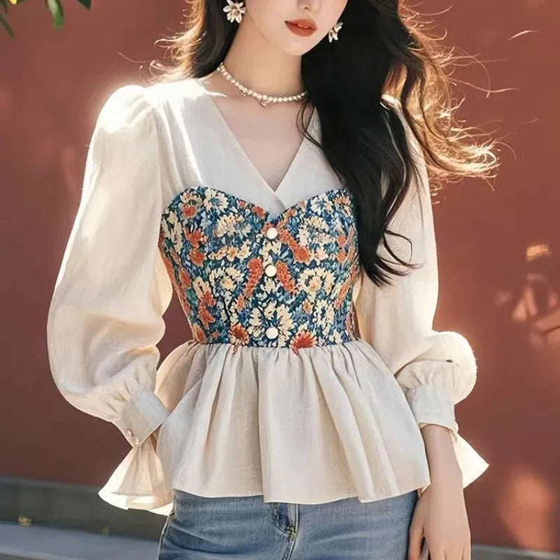 French Waist Cinched V-neck Two-Piece Blouse
