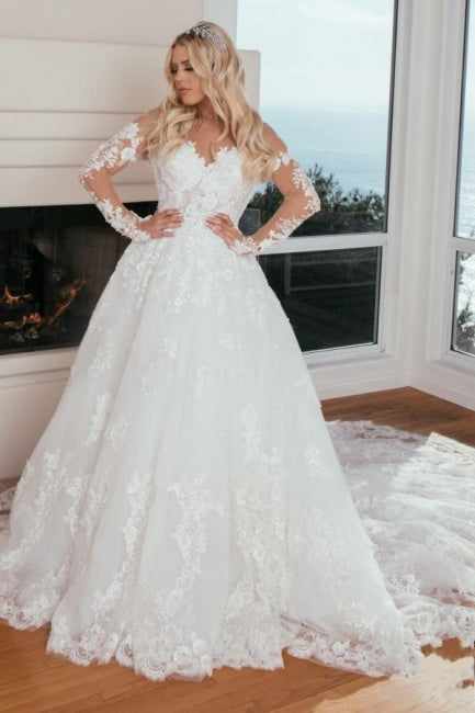 Unique A-Line Long Sleeves Sweetheart Princess Wedding Dress with Lace - Fashionpara