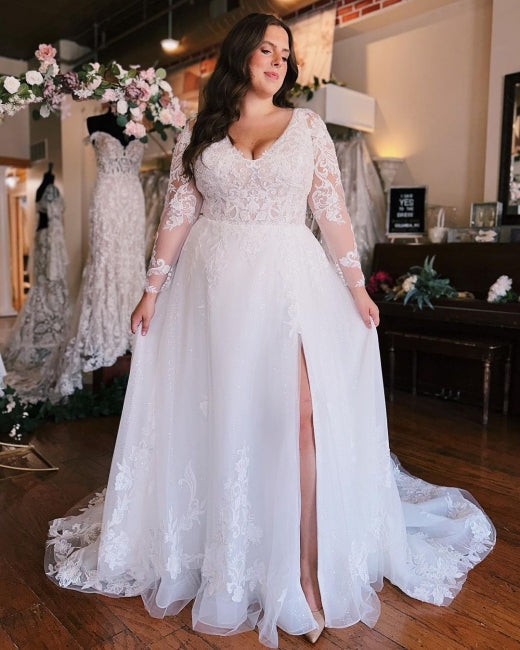 A-Line V-Neck Long Sleeves Plus Size Chiffon Wedding Dress - Fashionpara