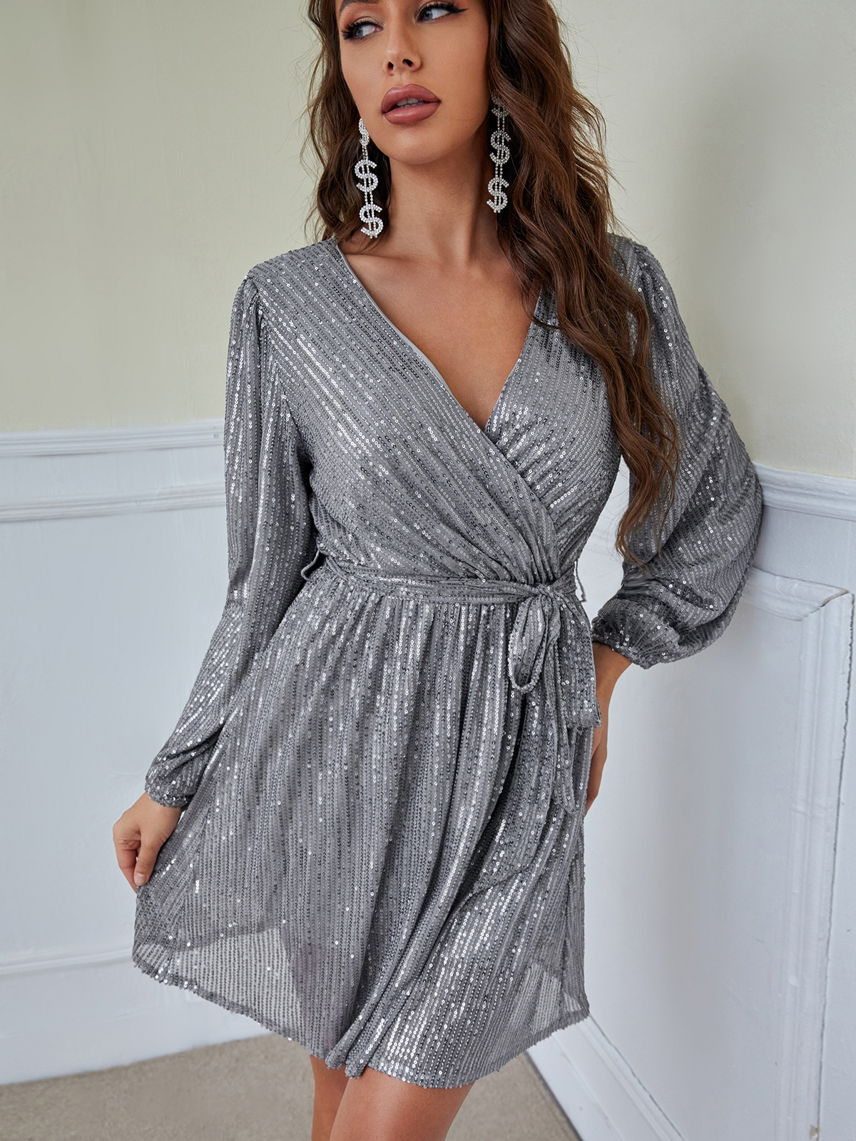 KittenAlarm - Long sleeve sequined short V-neck dress
