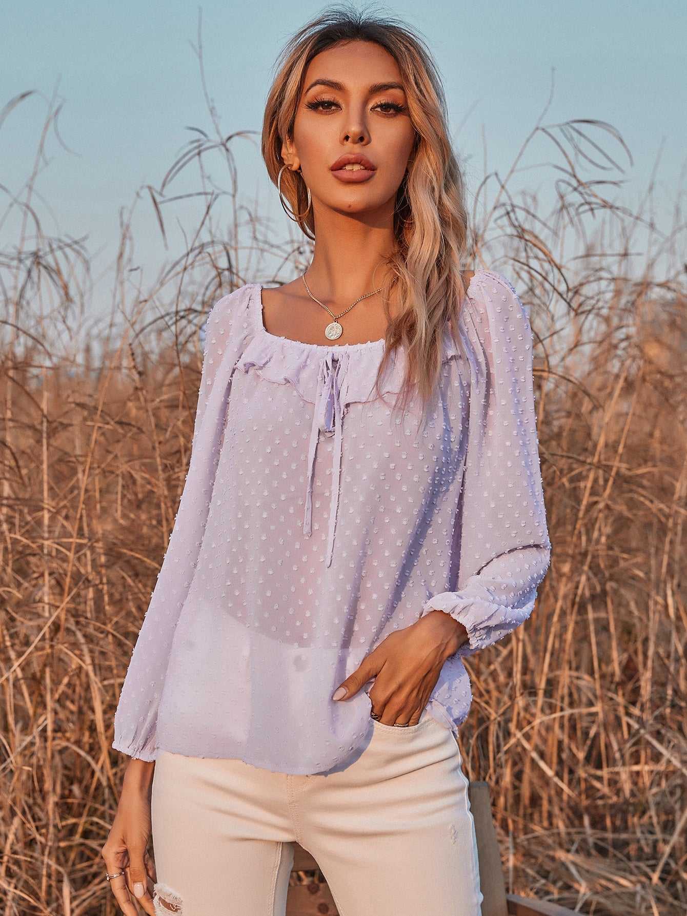 Long-sleeved Square-neck Girly Fairy Style Blouse - Fashionpara