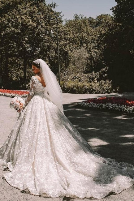 Ball gown Long sleeves Lace round neck Tulle Wedding Dress - Fashionpara