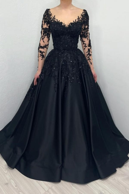 Ball Gown Black Long sleeves Sweetheart Princess Evening Dress - Fashionpara