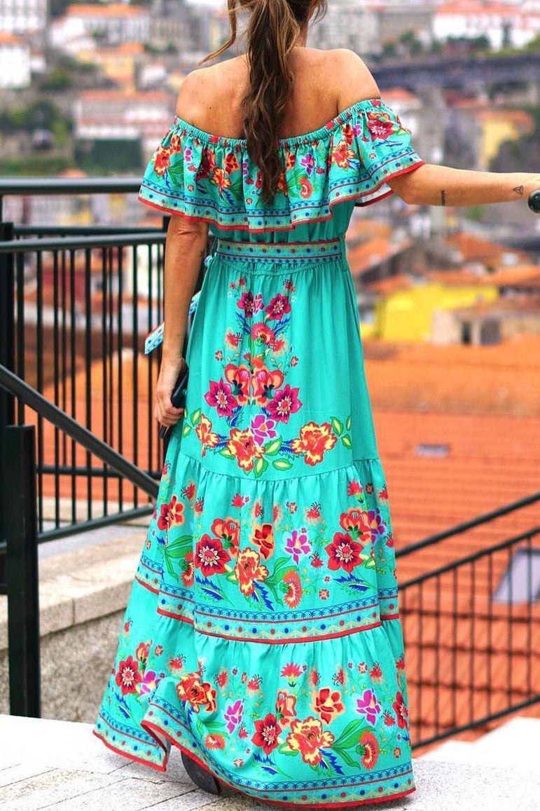 Long Off-Shoulder White Print Backless Evening Maxi Dress