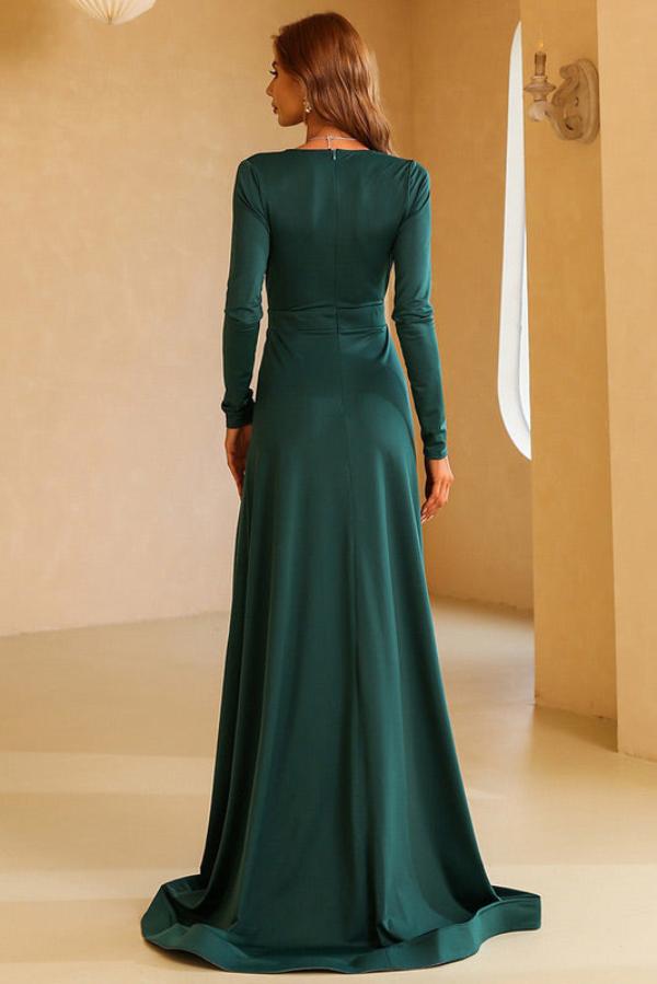 Dark Green Long Sleeve A-Line Plunging Evening Dresses - Fashionpara