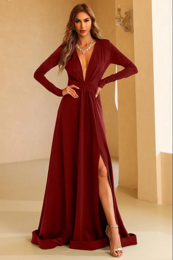 Dark Green Long Sleeve A-Line Plunging Evening Dresses - Fashionpara