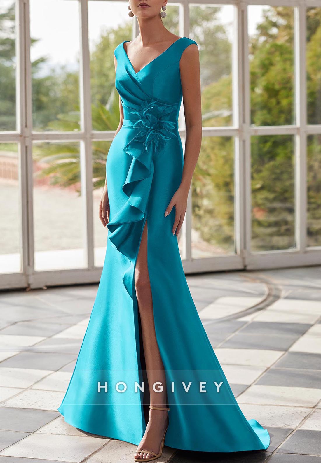 V Neck Satin Cap Straps Trumpet Floor-Length Pleated Flower Evening Gown