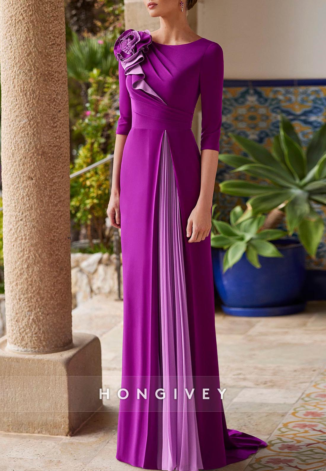 Shoulder Flower Half Sleeve Sweep Train V Back Column Mother of the Bride