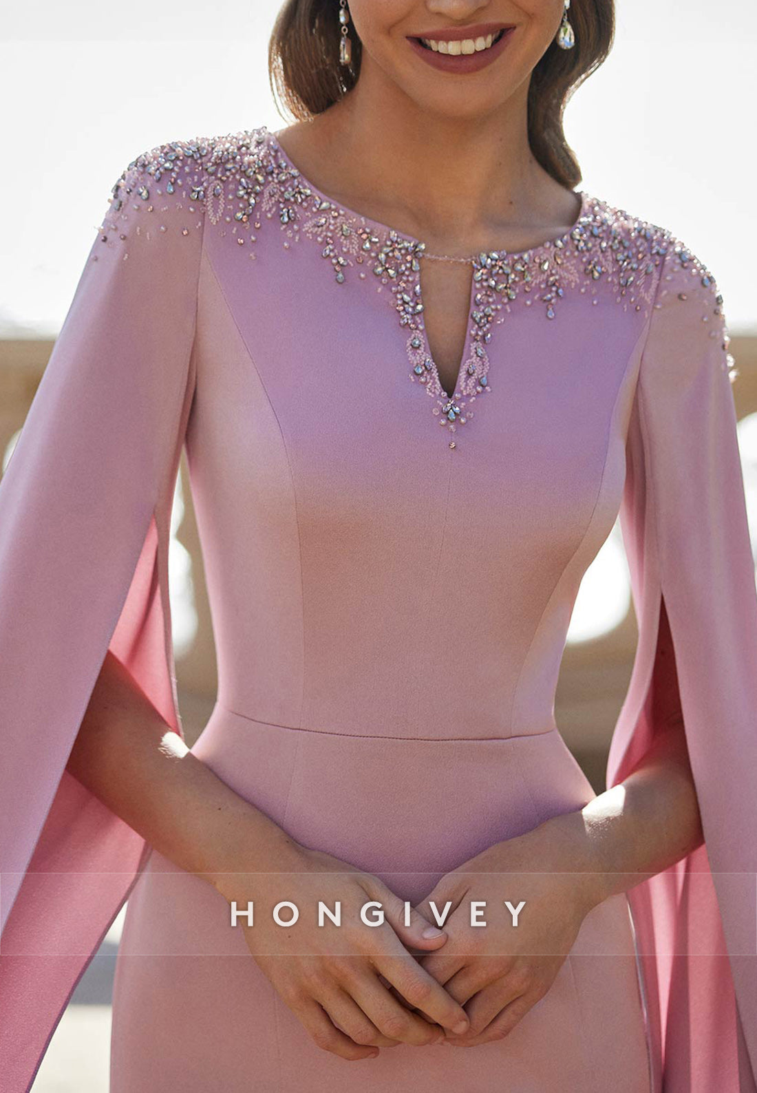 Trumpet Floor-Length V Neck Pleated Beading Mother of the Bride