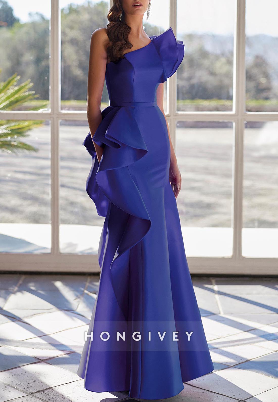 Trumpet Ankle-Length One Shoulder Mother of Bride Satin Pleated Ruffles Evening Gown