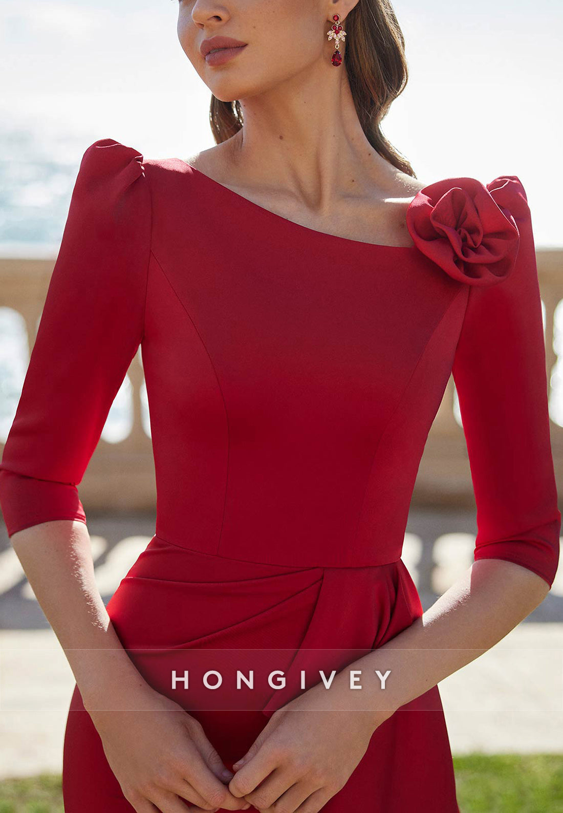 Trumpet Floor-Length Satin Half Sleeve Pleated Shoulder Flower Mother of the Bride