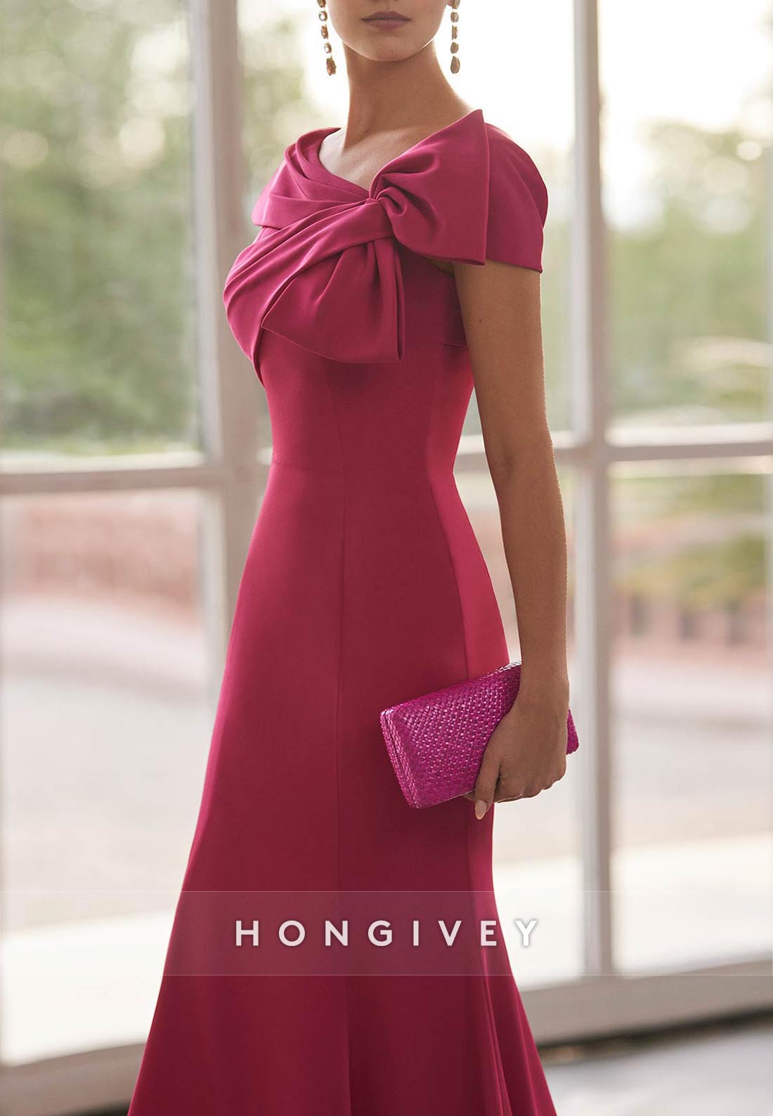 Stretch Crepe Asymmetrical Neck Keyhole Back Bowknot Short Sleeve Evening Gown