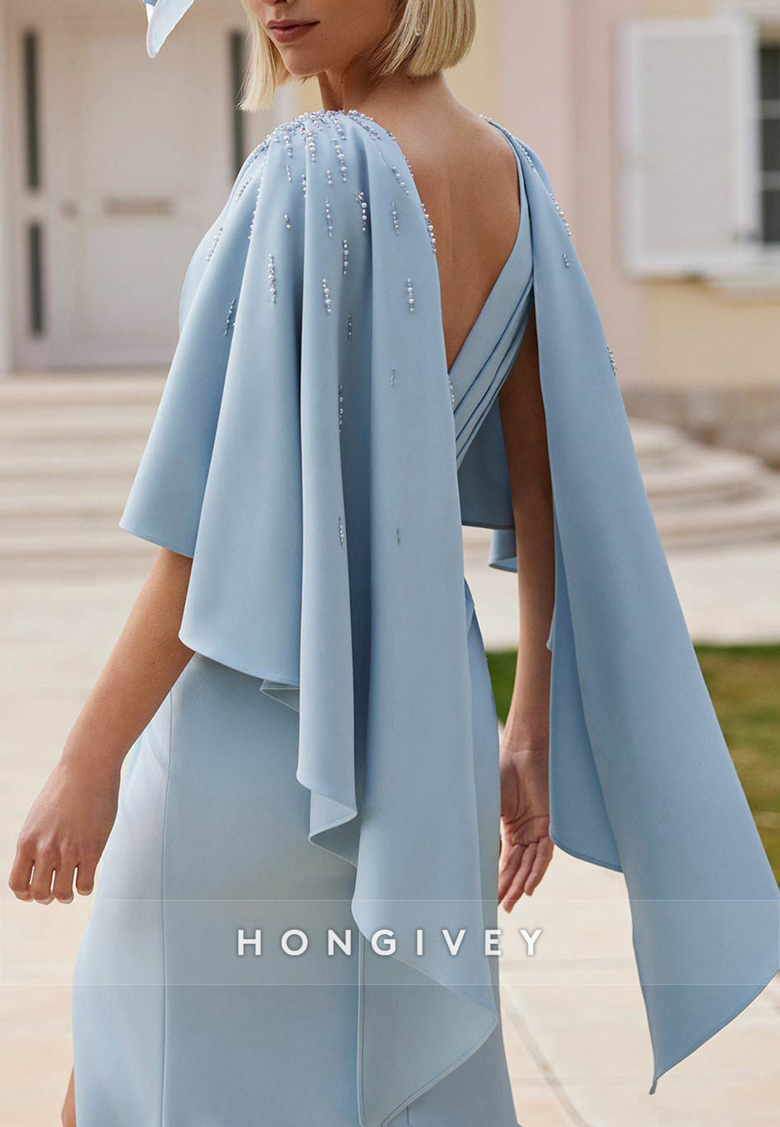 Side Slit Trumpet Ankle-Length V Neck Pleated Shawl Mother of the Bride