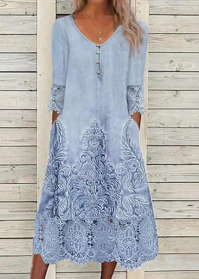 Damask Print V-Neck Lace Trim Three Quarter A-Line Midi Dress