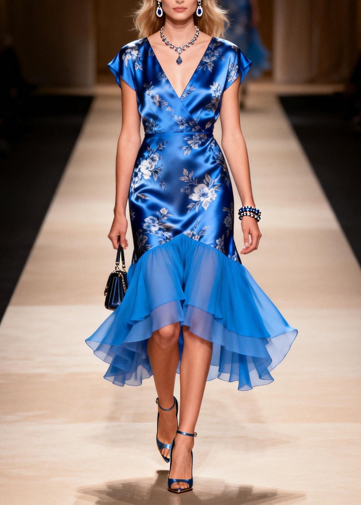 Floral Print Satin Wrap V-Neck Cap Sleeve Tiered Cocktail Dress