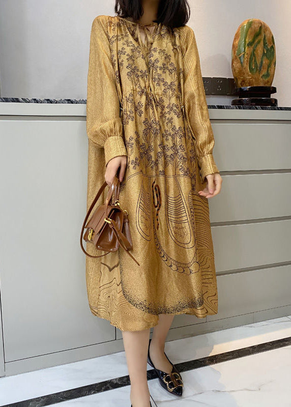 V-Neck Tie Front Long Sleeve Botanical Graphic Print Midi Dress