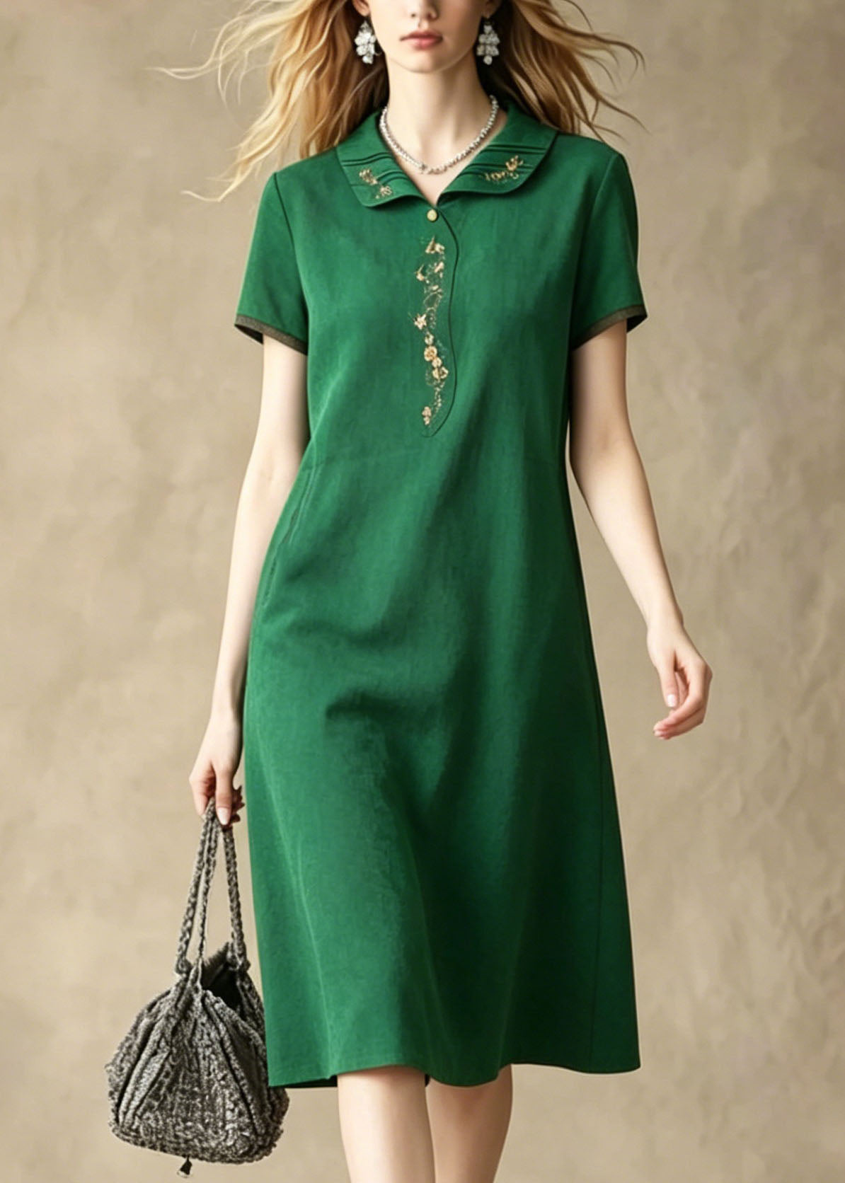 Short Sleeve Peter Pan Collar Embroidered Trim Knee Length Shift Dress - View 2