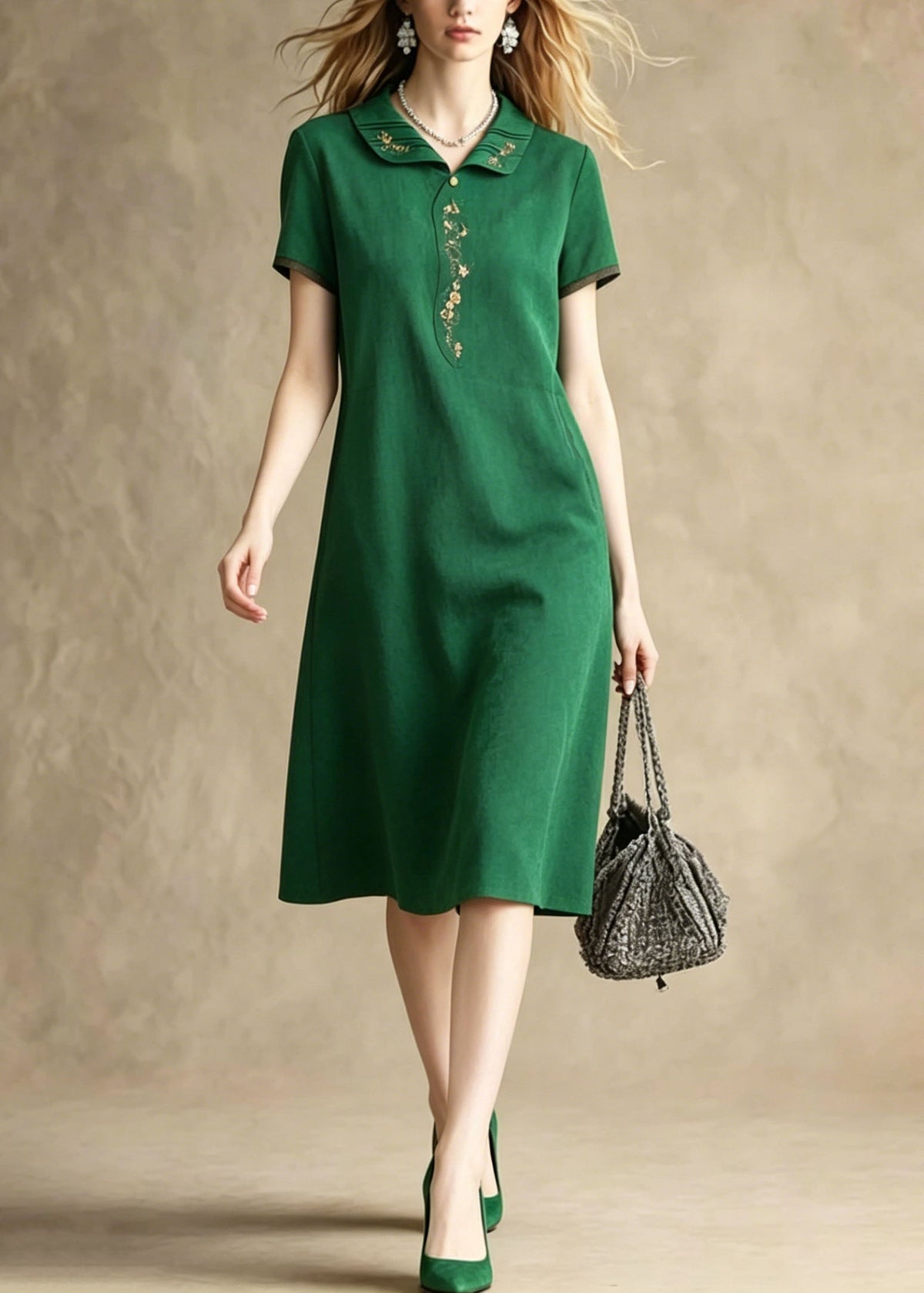 Short Sleeve Peter Pan Collar Embroidered Trim Knee Length Shift Dress - View 3