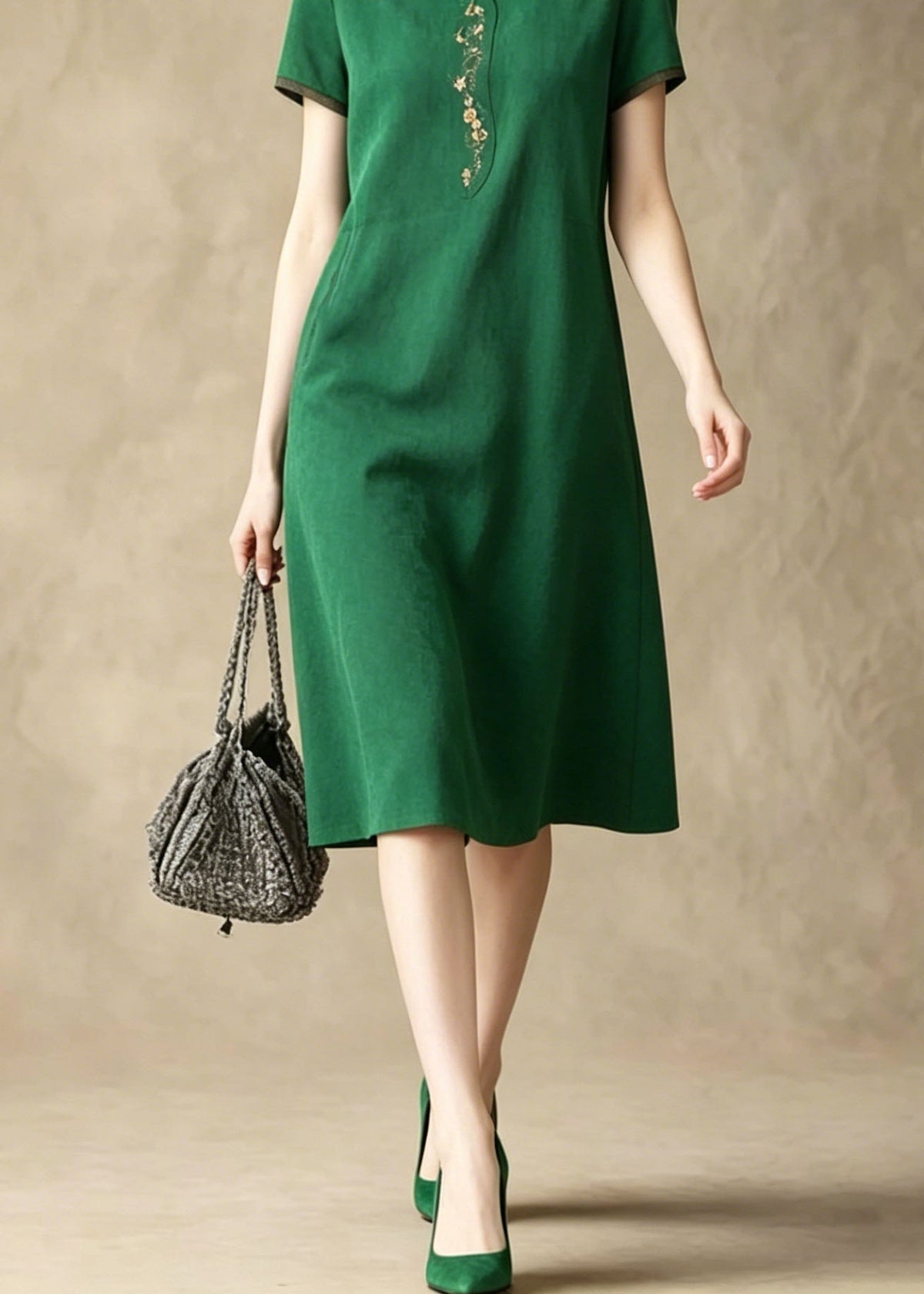 Short Sleeve Peter Pan Collar Embroidered Trim Knee Length Shift Dress - View 4