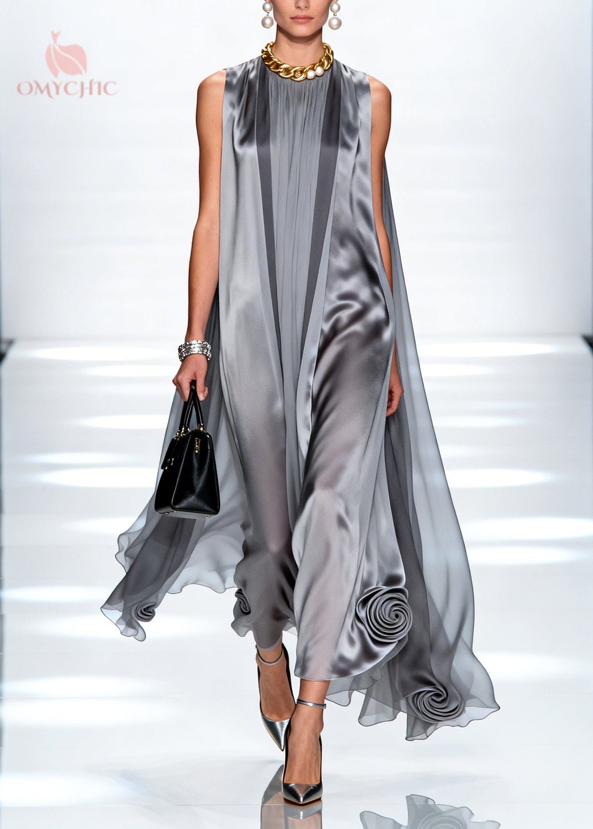 Satin High Neck Sheer Cape Panel Sculpted Rosette Hem Maxi Gown
