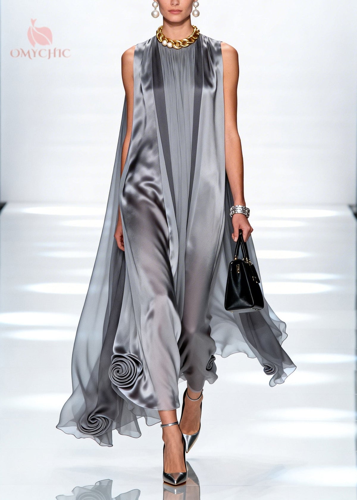 Satin High Neck Sheer Cape Panel Sculpted Rosette Hem Maxi Gown - View 3