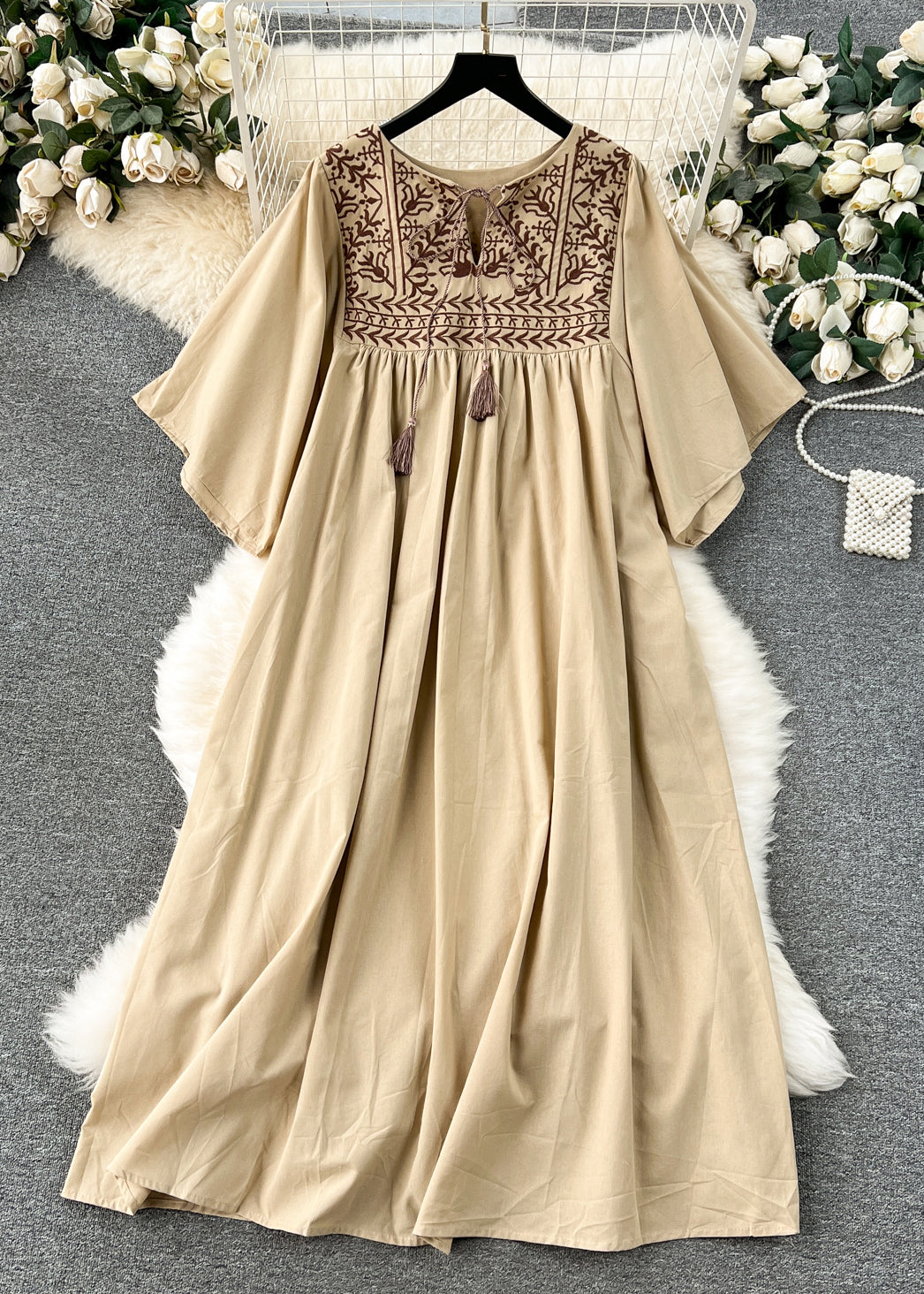 Embroidered Yoke Tassel Tie Neck Bell Sleeve Pleated Smock Maxi Dress