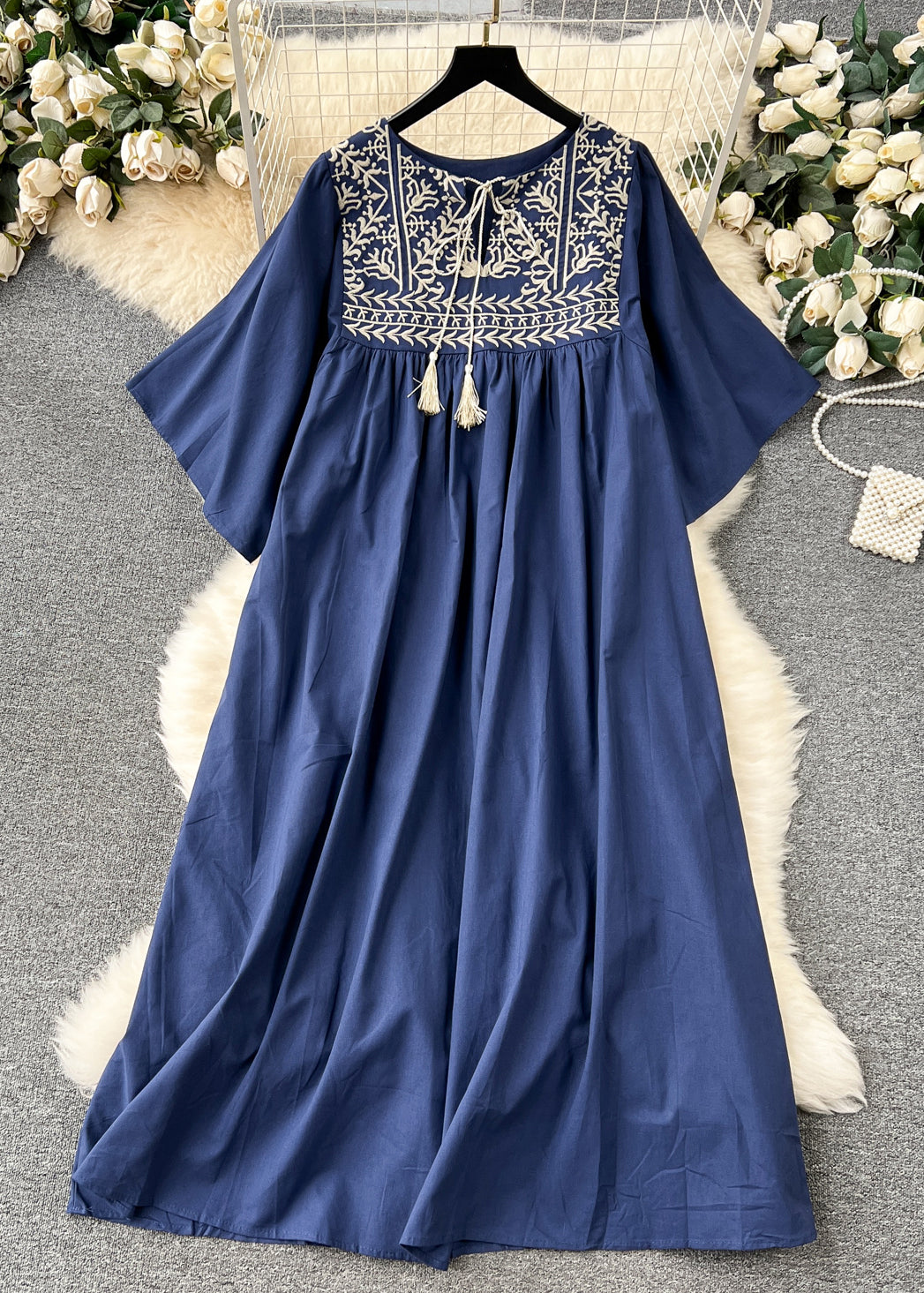Embroidered Yoke Tassel Tie Neck Bell Sleeve Pleated Smock Maxi Dress - View 2