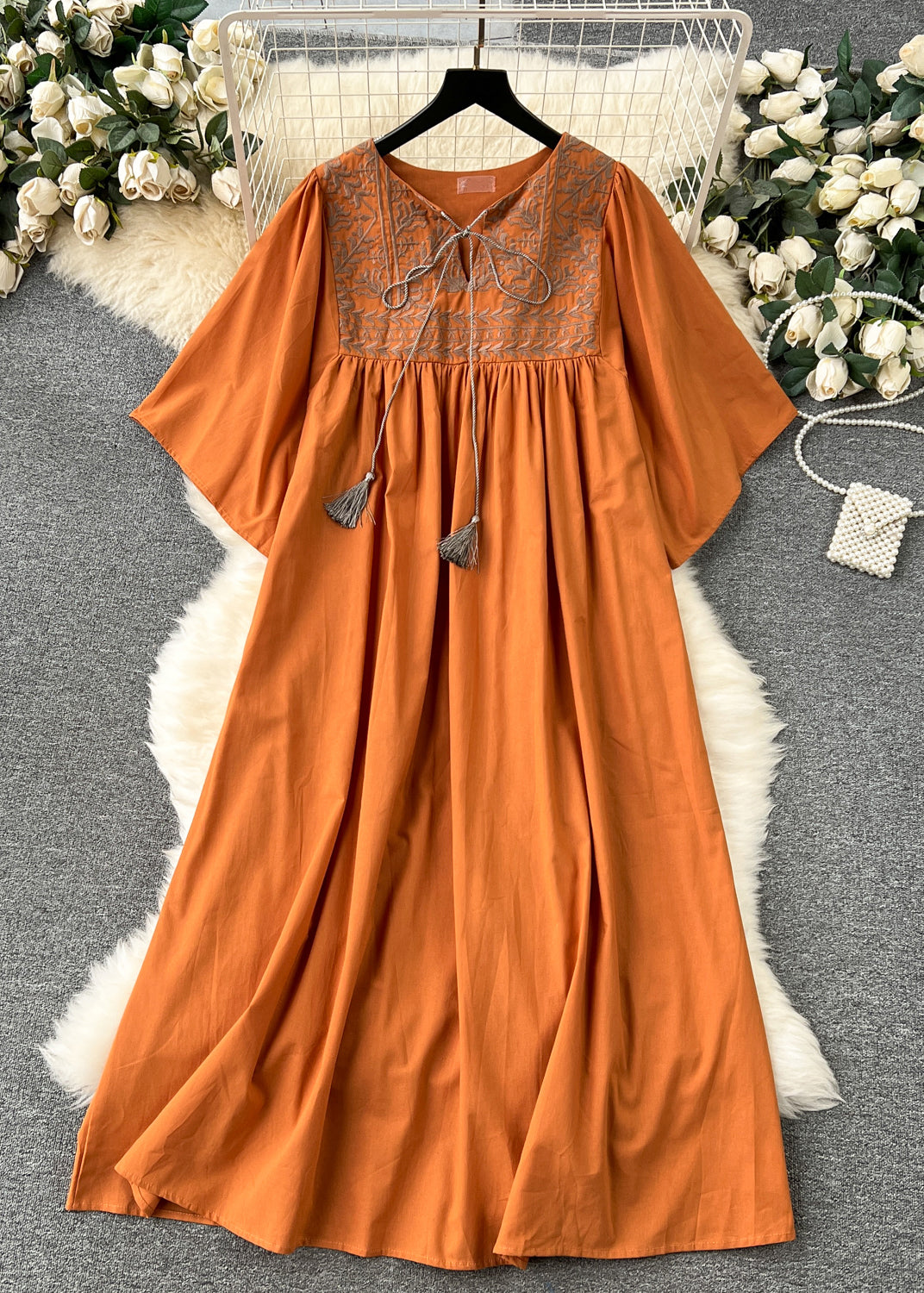 Embroidered Yoke Tassel Tie Neck Bell Sleeve Pleated Smock Maxi Dress - View 3