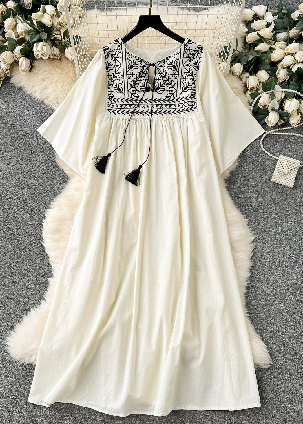 Embroidered Yoke Tassel Tie Neck Bell Sleeve Pleated Smock Maxi Dress - View 4