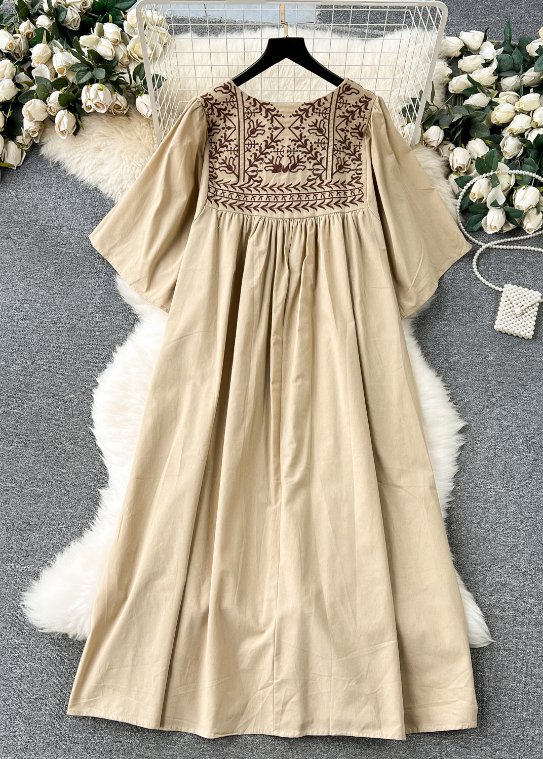 Embroidered Yoke Tassel Tie Neck Bell Sleeve Pleated Smock Maxi Dress - View 5