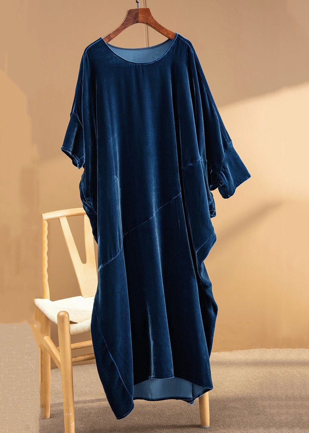 Velvet Oversized Batwing Sleeve Diagonal Seam Pocket Maxi Dress
