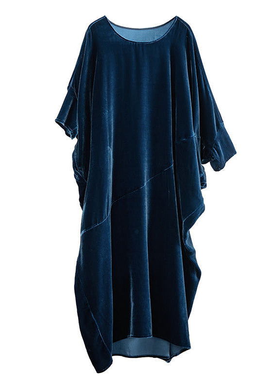 Velvet Oversized Batwing Sleeve Diagonal Seam Pocket Maxi Dress - View 5