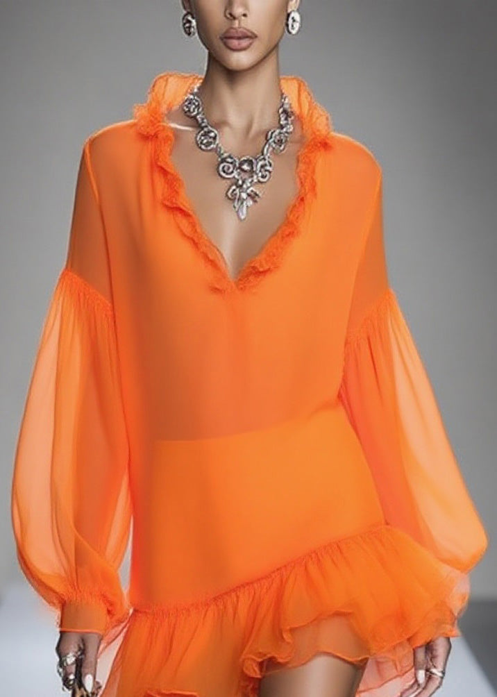 Loose Orange Ruffled Patchwork Chiffon Mid Dresses Spring - View 2